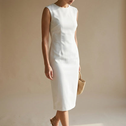 White Slim Fit Midi Dress, Sleeveless Round Neck, Solid Polyester, Effortless Summer Style — lifestyle_lead