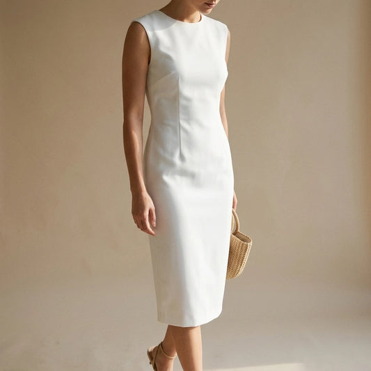 White Slim Fit Midi Dress, Sleeveless Round Neck, Solid Polyester, Effortless Summer Style — lifestyle_lead