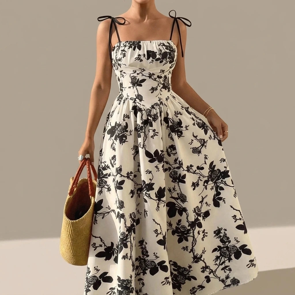 Beige Floral A-Line Swing Dress, Waist Cinching Suspender, Sleeveless Elegant Style, Summer Polyester — lifestyle