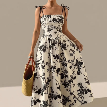 Beige Floral A-Line Swing Dress, Waist Cinching Suspender, Sleeveless Elegant Style, Summer Polyester — lifestyle