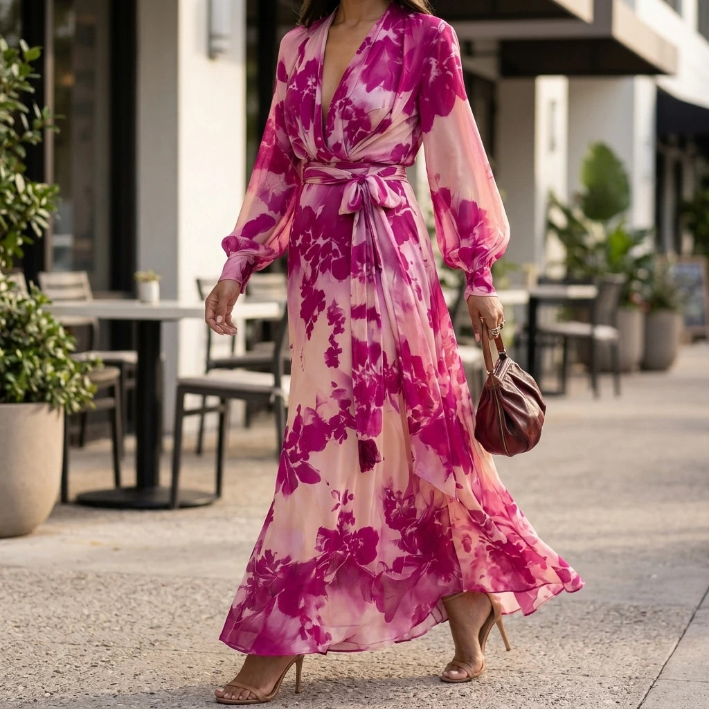 Pink Floral Chiffon Long Sleeve Maxi Dress, V-Neck Tie Waist, Elegant Spring Style — lifestyle_lead