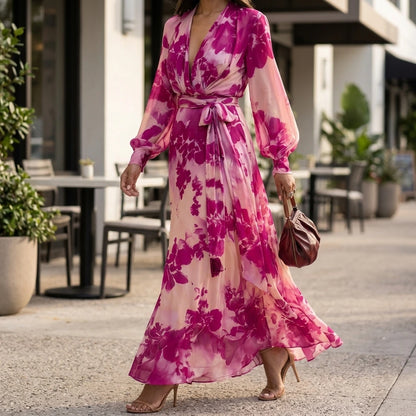 Pink Floral Chiffon Long Sleeve Maxi Dress, V-Neck Tie Waist, Elegant Spring Style — lifestyle_lead