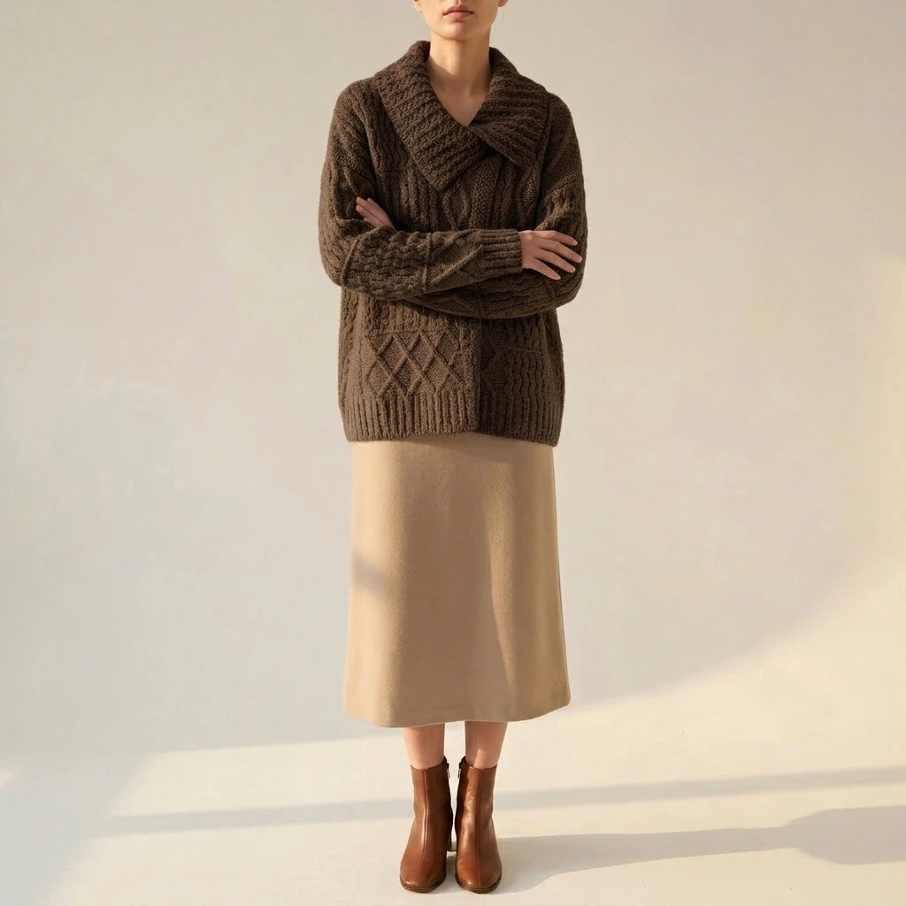 Turn-Down Collar Cable Knit Sweater Coat for Women Autumn Winter Retro Lazy Style Thick Chunky Knit Sweater — variant_front