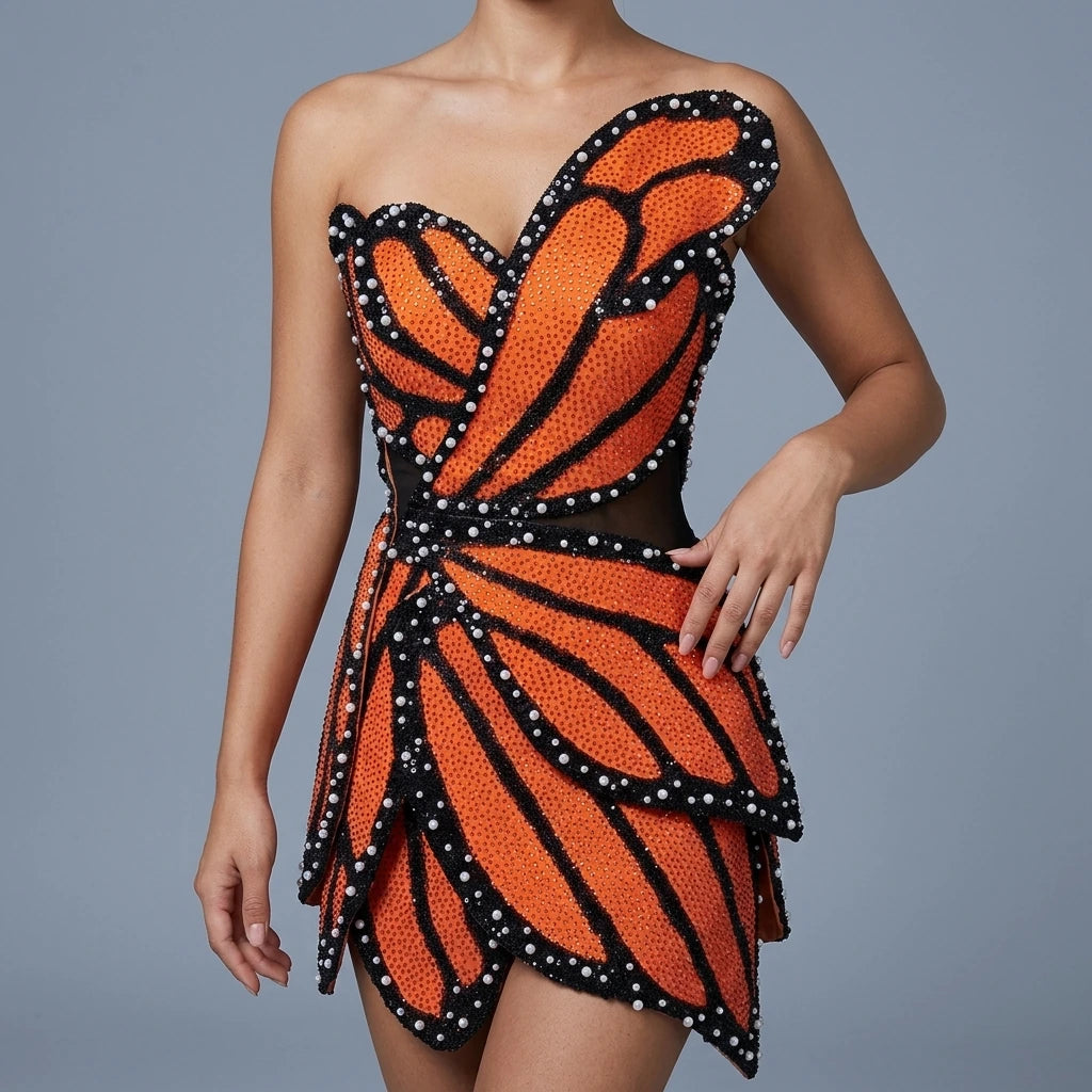 Fashionable irregular patchwork, elegant beaded tight mini dress, party top — variant_front