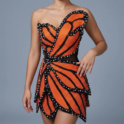 Fashionable irregular patchwork, elegant beaded tight mini dress, party top — variant_front