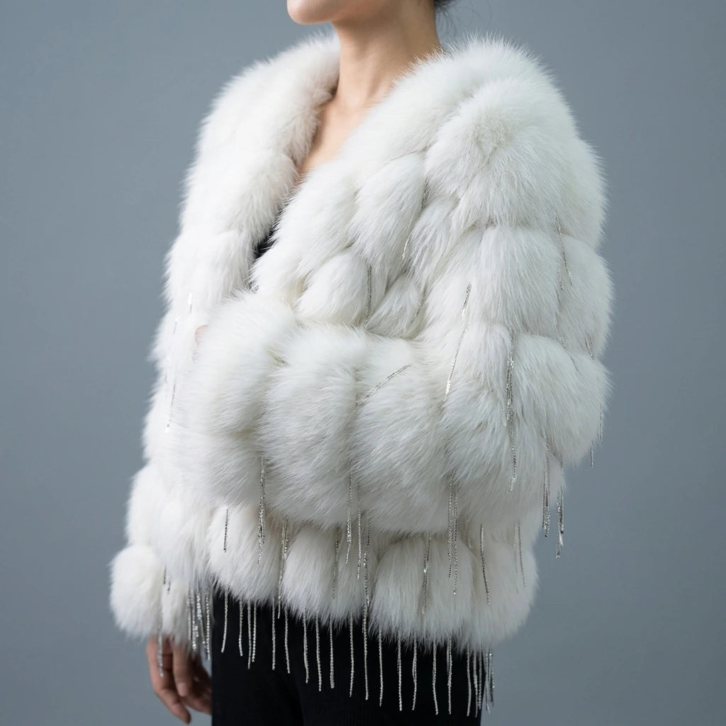 Fox fur coat women's fur car stripe tassel short V-neck — lifestyle_lead