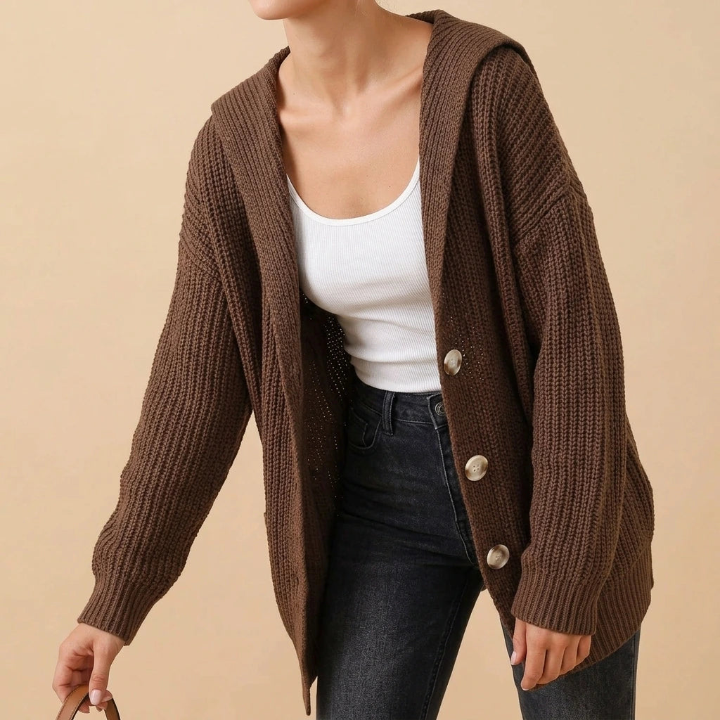 Brown Chunky Knit Lapel Collar Button up Cardigan — lifestyle