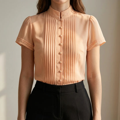 Elegant Ruched Cut Out Blouse Women's Mock Neck Cap Sleeve Chic Daily Office Casual Summer Top Apricot Solid Polyester Hip Length — lifestyle