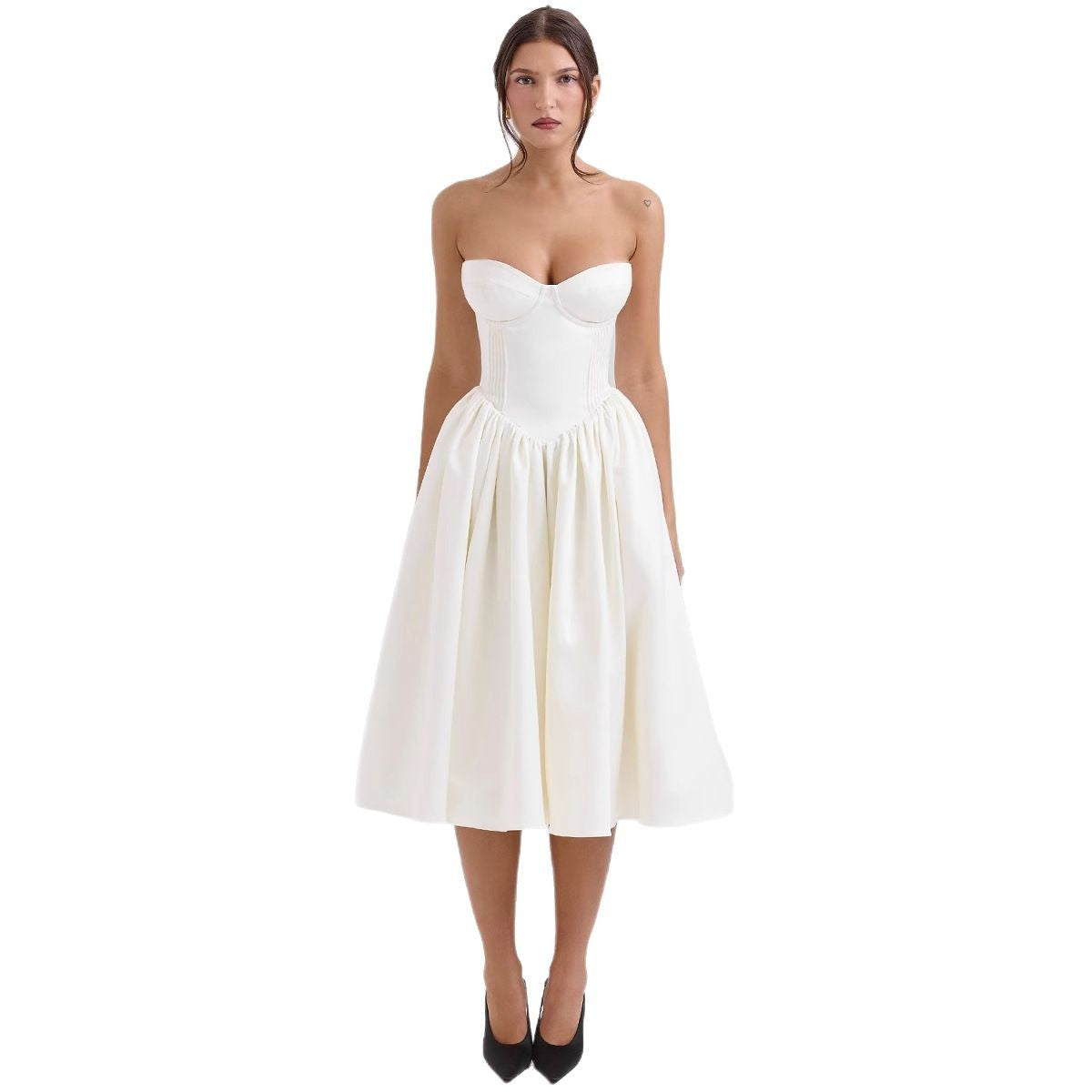 Rose Red Strapless Dress for Women – Sexy Flared Midi Dress, Polyester, Summer Party or Holiday Style