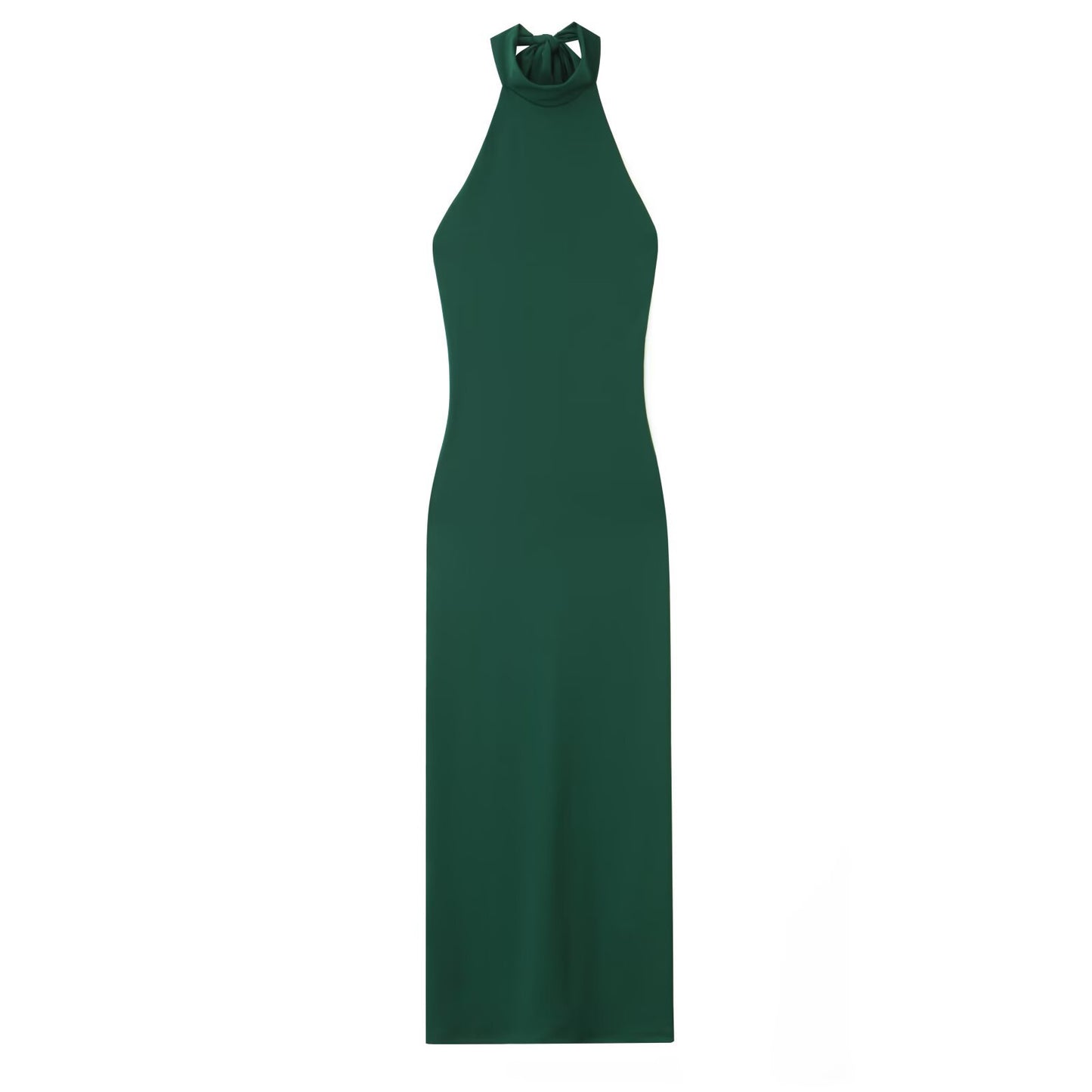 Dark Green MIDI Dress, Summer High Neck Sleeveless Straight Skirt, Hanging Collar, Polyester, Casual Elegant