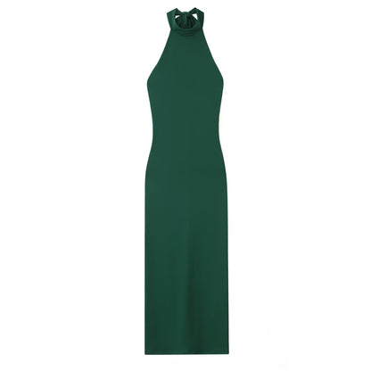Dark Green MIDI Dress, Summer High Neck Sleeveless Straight Skirt, Hanging Collar, Polyester, Casual Elegant