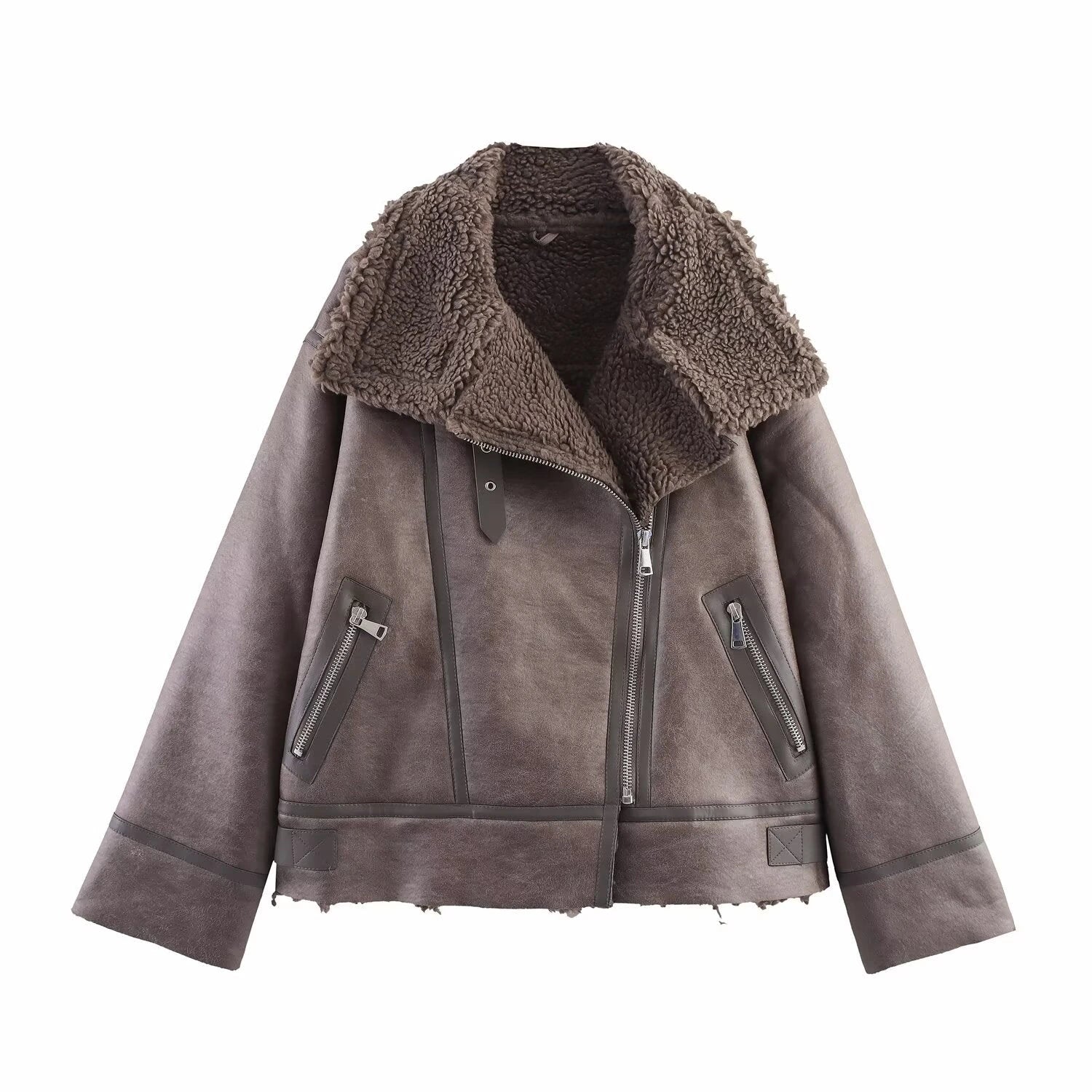 Women's Faux Shearling Long Sleeve Stand-Up Collar Reversible Jacket Coat — variant_front