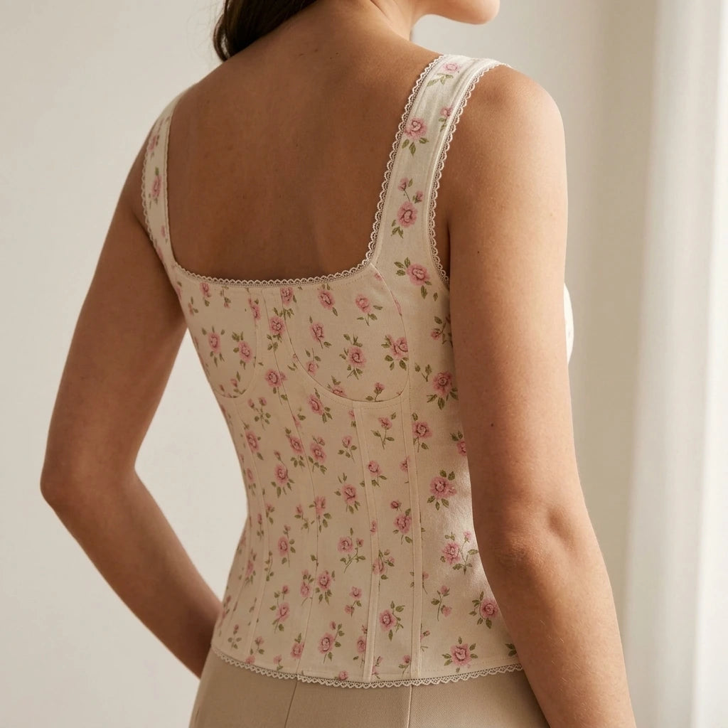 Elegant Floral Square Neck Tank Top Women’s Sleeveless Chic Daily Wear Spring Summer Slim Fit Hip Length No Stretch Beige Polyester — lifestyle