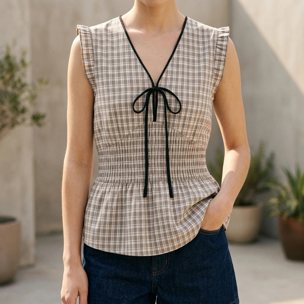Retro Pleated Plaid Tank Top for Women, Ruched Shirred Ruffle, Sleeveless V Neck, Daily Workwear, 100% Cotton, Black, Summer — lifestyle_lead