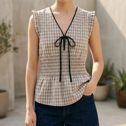 Retro Pleated Plaid Tank Top for Women, Ruched Shirred Ruffle, Sleeveless V Neck, Daily Workwear, 100% Cotton, Black, Summer — lifestyle_lead