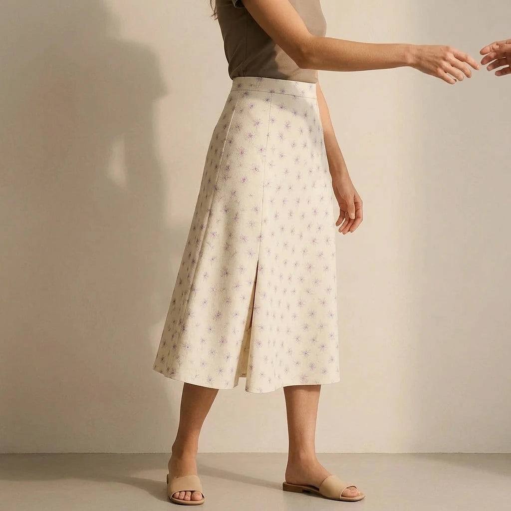 Elegant A-Line Midi Skirt for Women, High Waist, Floral Print, Slit Detail, Daily or Office Wear, Spring Summer, Beige Polyester — lifestyle