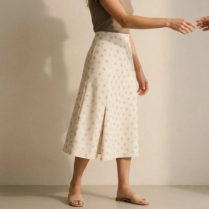 Elegant A-Line Midi Skirt for Women, High Waist, Floral Print, Slit Detail, Daily or Office Wear, Spring Summer, Beige Polyester — lifestyle