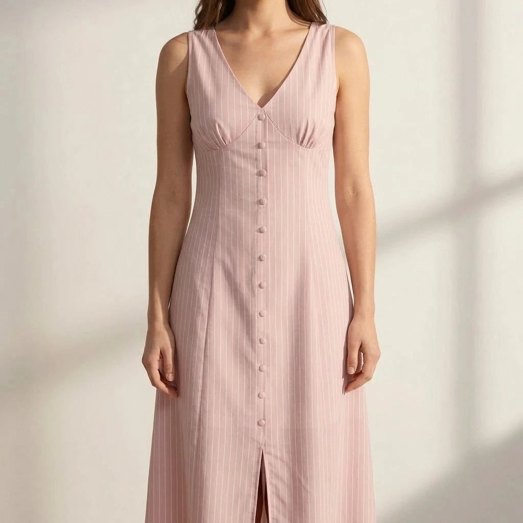 Pink Striped Sheath Midi Dress Women’s Workwear Office Wear Sleeveless V Neck A-Line Natural Waisted No Stretch Polyester Summer Spring Pink — lifestyle