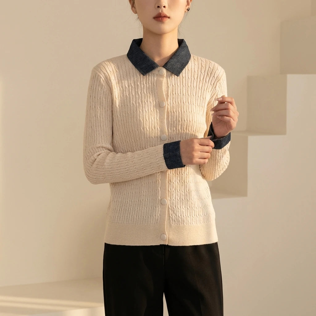 Chunky Knit Color-block Polo Neck Sweater for WomenLoose Fit Slimming Design Autumn/Winter Outwear — lifestyle