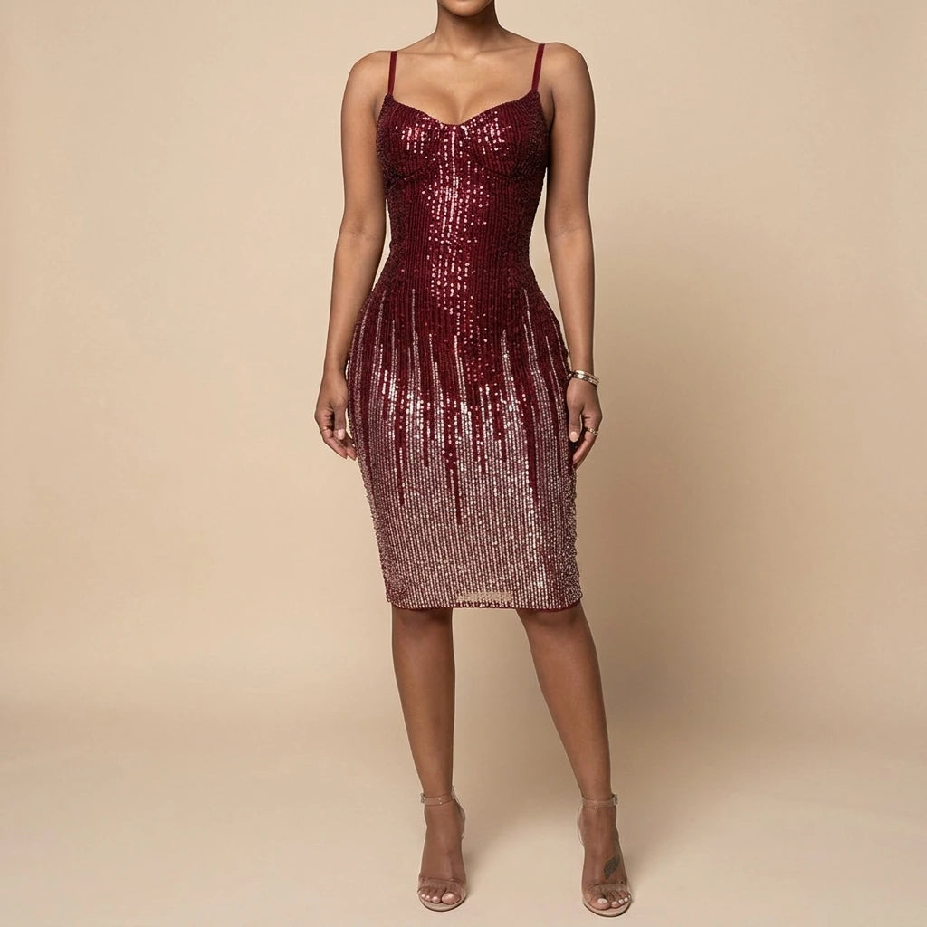 Shimmering Sequin Strapless Fitted Midi Dress for Party, Wedding, Banquet Occasions — lifestyle