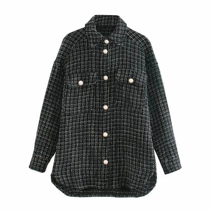 Women Blazer Tweed Shirts Plaid Oversized Jacket Casual Button Up Jacket Ladies Long Sleeve Women Casual Blazer Tops Beige Shirt — variant_front
