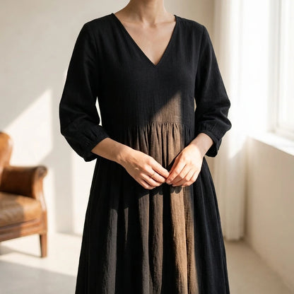 Black V-Neck Long Pleated Dress, Cotton Linen Loose Fit, Three-Quarter Sleeve, Casual Spring — lifestyle