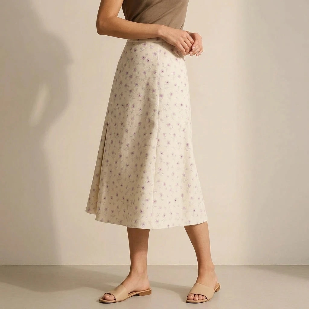 Elegant A-Line Midi Skirt for Women, High Waist, Floral Print, Slit Detail, Daily or Office Wear, Spring Summer, Beige Polyester — lifestyle_lead