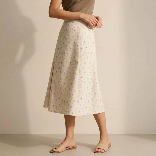 Elegant A-Line Midi Skirt for Women, High Waist, Floral Print, Slit Detail, Daily or Office Wear, Spring Summer, Beige Polyester — lifestyle_lead
