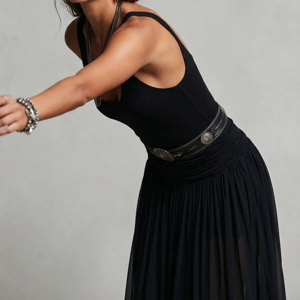 Summer New Black Strap Long Dress for Women, Mesh Dress with Belt — lifestyle