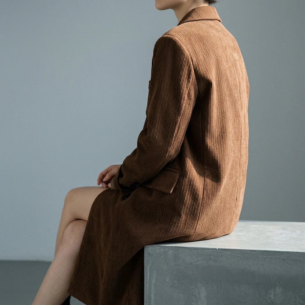 Corduroy blazer women's mid-length over-the-knee spring and autumn British style high-end woolen coat — lifestyle