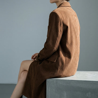 Corduroy blazer women's mid-length over-the-knee spring and autumn British style high-end woolen coat — lifestyle