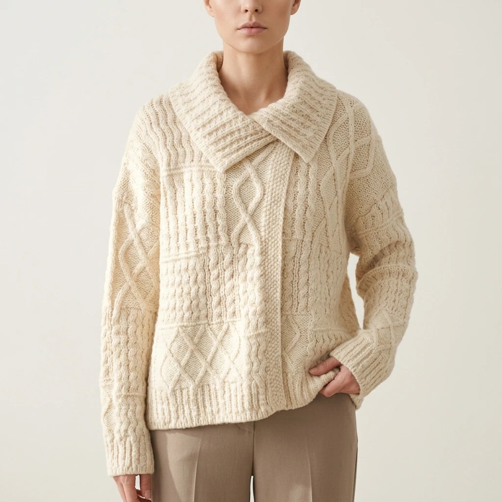 Turn-Down Collar Cable Knit Sweater Coat for Women Autumn Winter Retro Lazy Style Thick Chunky Knit Sweater — variant_front