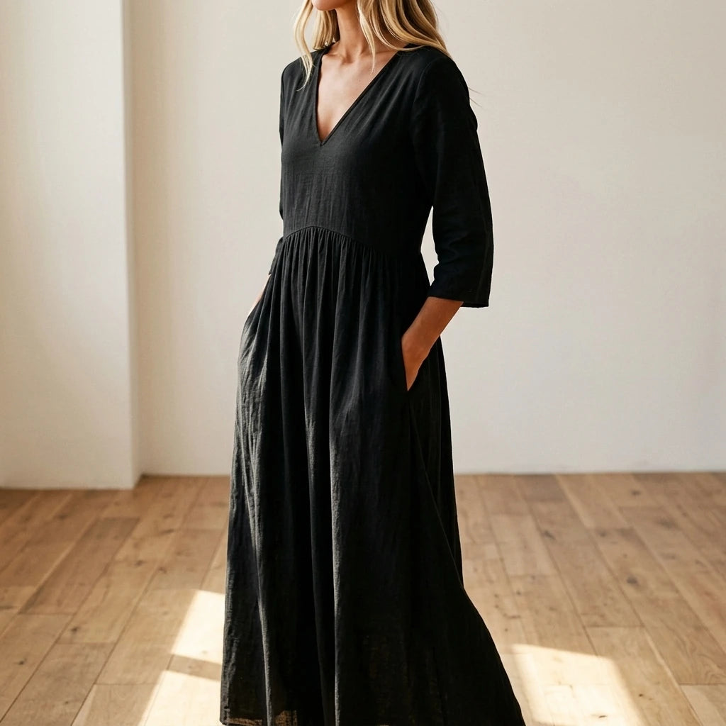 White Solid V-Neck Long Dress, Three-Quarter Sleeve Pullover, Elegant Polyester, Summer — lifestyle_lead