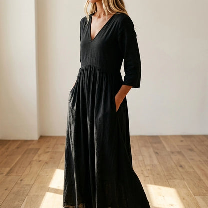 White Solid V-Neck Long Dress, Three-Quarter Sleeve Pullover, Elegant Polyester, Summer — lifestyle_lead