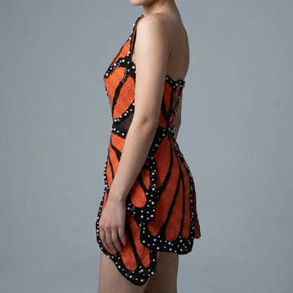 Fashionable irregular patchwork, elegant beaded tight mini dress, party top — lifestyle