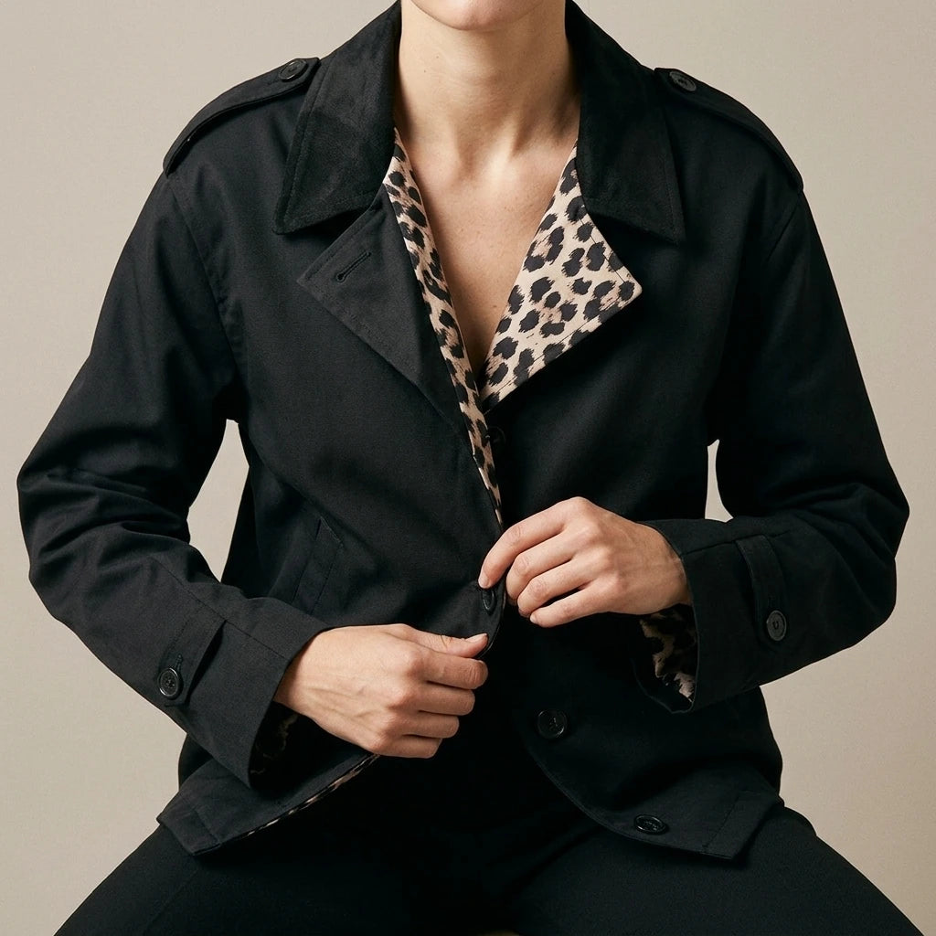 Suede patchwork collar trench coat — lifestyle