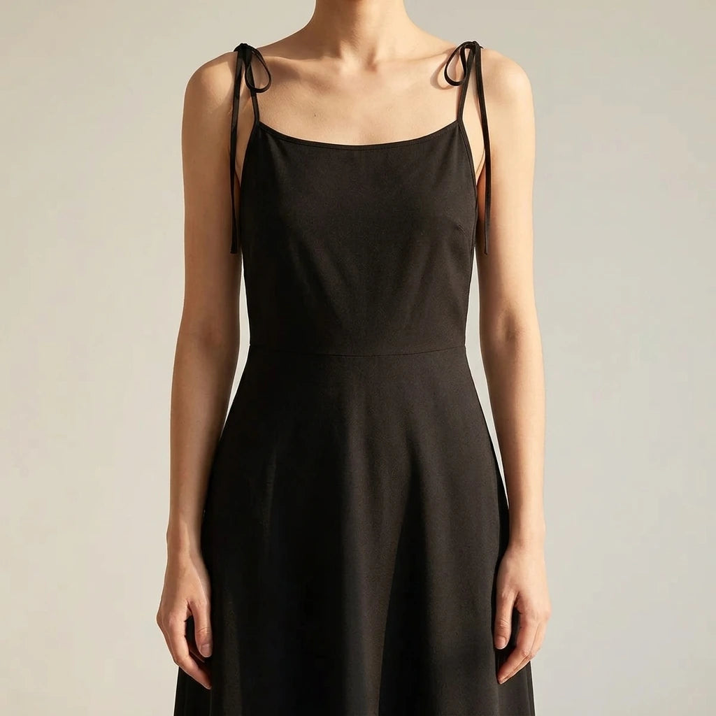 Black French Bow Flute Midi Dress, V-Neck Strapless, Sleeveless High Waist, Elegant Summer Polyester — variant_front