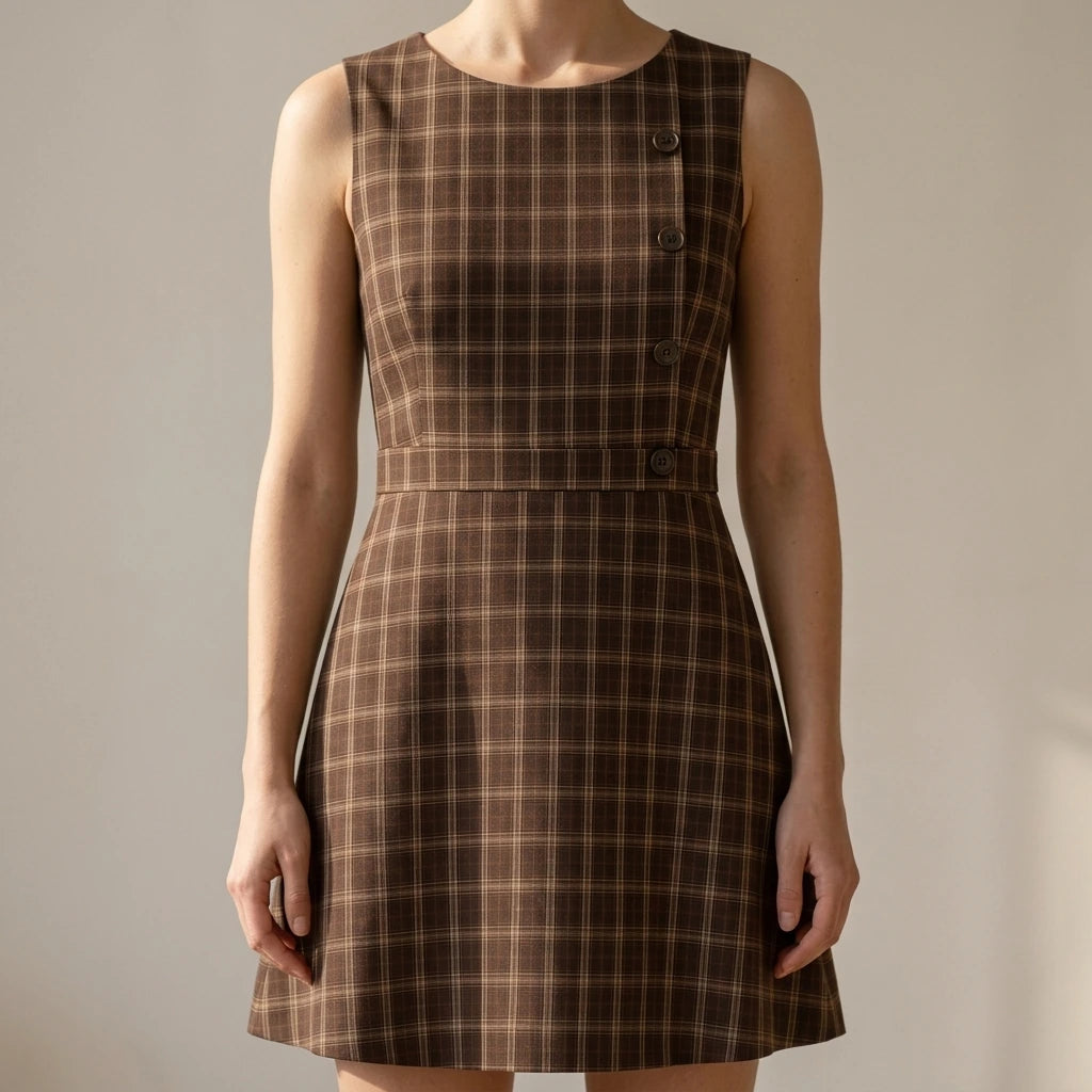 Elegant Plaid Ruched Mini Dress for Women, Sleeveless Sheath, Natural Waist, Daily Office Casual, Brown Polyester, Summer Fall — lifestyle