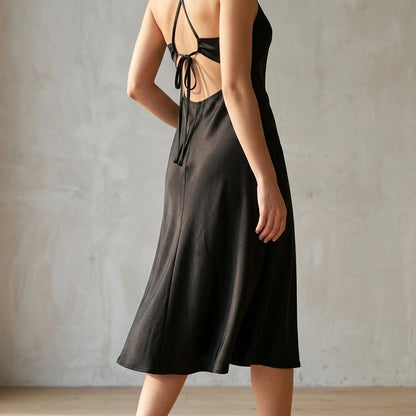 Chic Black Slip Halter Midi Dress for Women, A-Line, Sleeveless, Natural Waist, Prom, Special Occasion, Summer Spring, Slight Stretch, Polyester — lifestyle