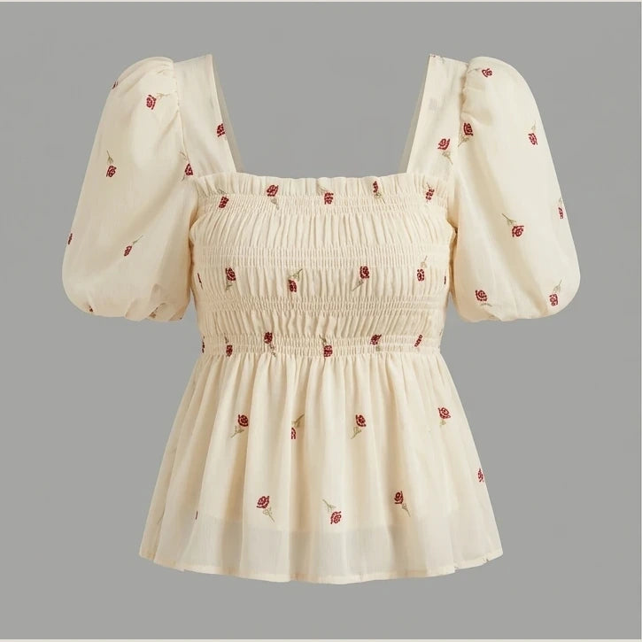 French Style Floral Print Square Collar Bubble Sleeve Slimming Top Short Sleeve Waist Cinched Summer 2026 Fashion Trend — product_only_front