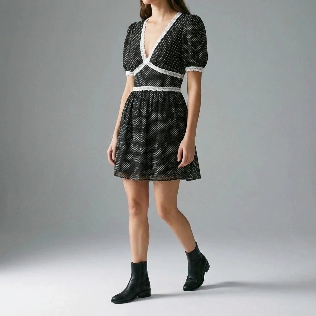Elegant Floral Skater Mini Dress for Women, V Neck, Puffed Short Sleeves, A-Line, Natural Waist, Daily Summer Wear, Black Polyester — lifestyle