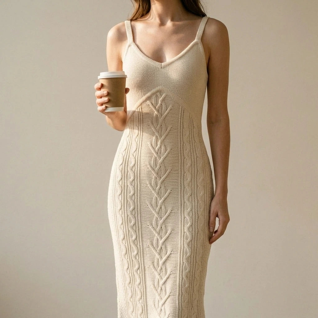 Elegant Bodycon Sweater Dress for Women, Sleeveless Sheath, High Stretch Knit, Daily or Summer Wear, Beige Textured Polyester, Natural Waisted — lifestyle