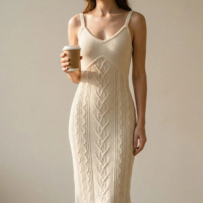Elegant Bodycon Sweater Dress for Women, Sleeveless Sheath, High Stretch Knit, Daily or Summer Wear, Beige Textured Polyester, Natural Waisted — lifestyle