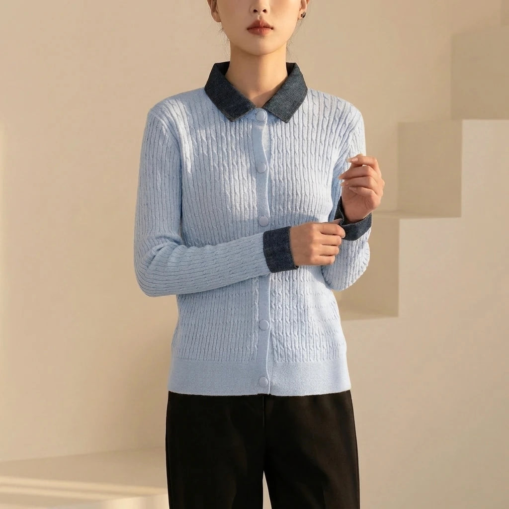 Chunky Knit Color-block Polo Neck Sweater for WomenLoose Fit Slimming Design Autumn/Winter Outwear — variant_front