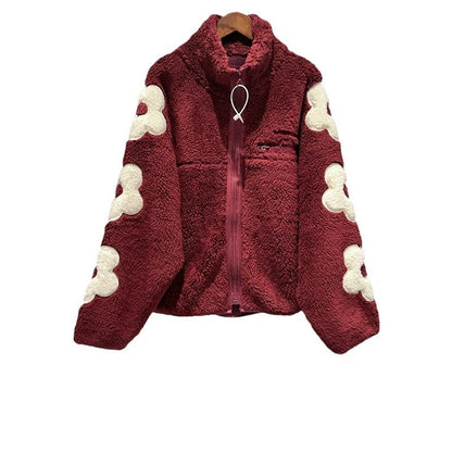 Autumn and Winter Puff Flower Patch Embroidery Half High Collar Zipper Shake Fleece Teddy Coat — variant_front