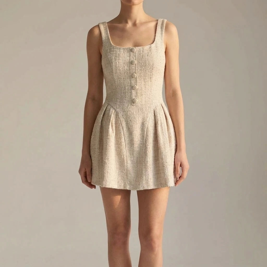 Formal Apricot Textured Mini Dress for Women, Sleeveless Skater A-Line, Ruched Square Neck, Graduation Party, Natural Waist, No Stretch — lifestyle