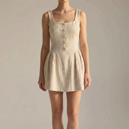 Formal Apricot Textured Mini Dress for Women, Sleeveless Skater A-Line, Ruched Square Neck, Graduation Party, Natural Waist, No Stretch — lifestyle