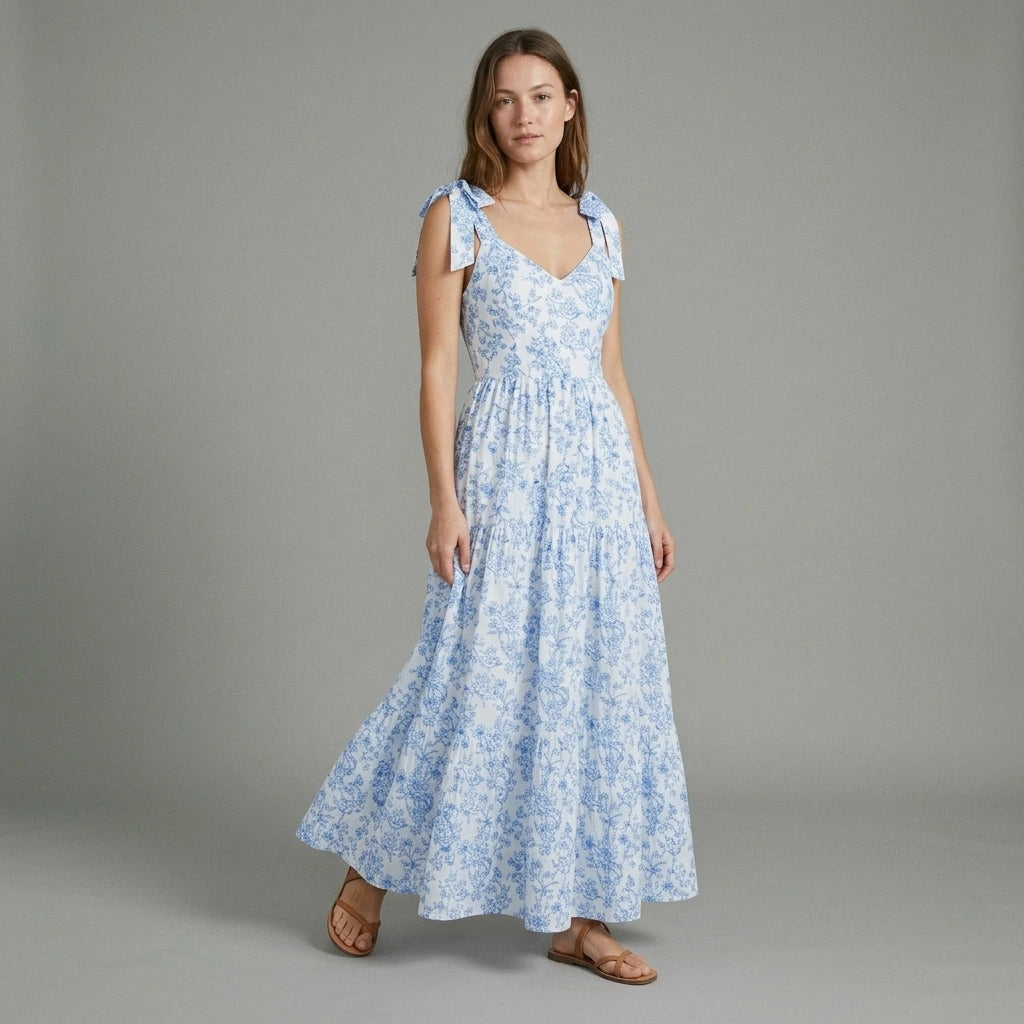 French Elegant Floral Print Long Dress Pleated Flounce V-Neck Sleeveless Ruffled Summer New Light Blue Gown for Ladies — lifestyle