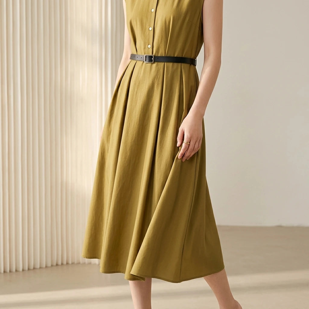 Image Color Elegant Maxi Shirt Collar Dress, Sleeveless High Waist, Single Breasted, Polyester, Summer — lifestyle_lead
