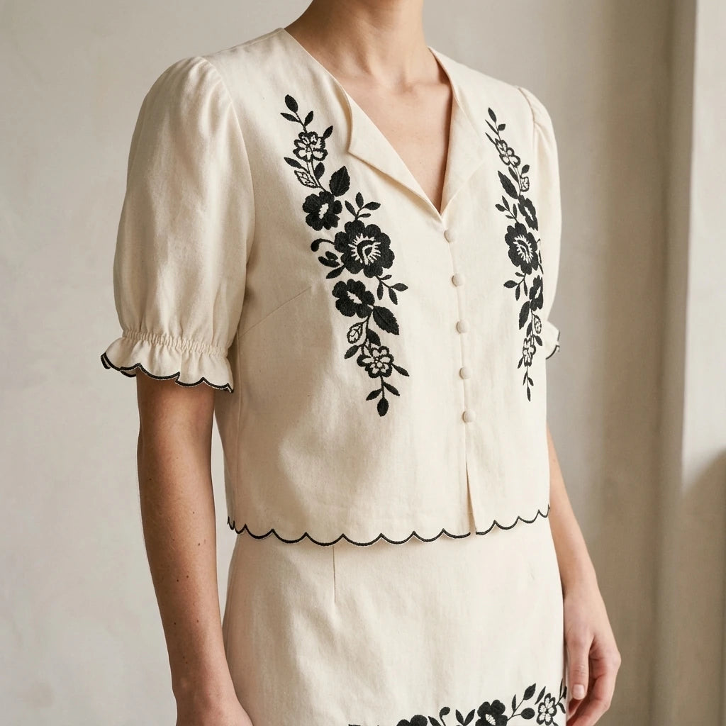 Elegant Floral Embroidery Blouse for Women, Contrasting Puffed Short Sleeve, Daily Wear, Resort, Spring Summer, Beige Polyester, Hip Length — lifestyle